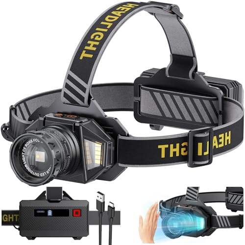 ECHOBUY Lampe Frontale LED Ultra Puissante, 120000 Lumens Lampe Frontale Rechargeable avec 12 Modes, Capteur et Étanchéité IPX7 9000mAh 90° Réglable Zoomable Tête Extensible pour Camping le Cyclisme