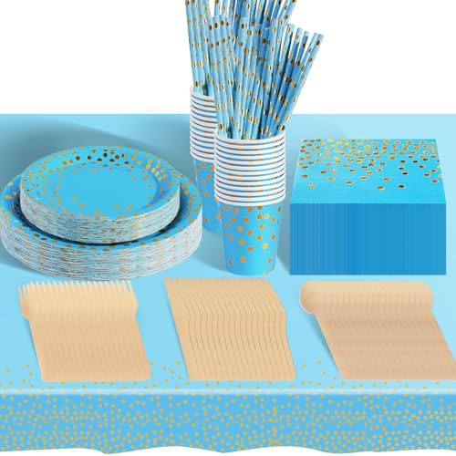 hailstones Azzurro Chiaro Stoviglie per Feste 226 Pezzi Stoviglie Carta Set Include Piatti di Carta Tovaglioli Tazze Tovaglia, per Nuziale Doccia, Fidanzamento, Matrimonio, Compleanno (25 Ospiti)