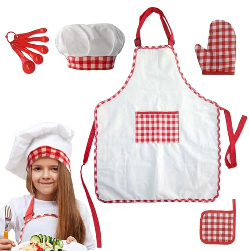 Kids Cooking Set - Chef Apron Hat Oven Gloves, Pot Mat | Pretend Play Kitchen Dress Up Costume For Children Educational Fun Creative Activity