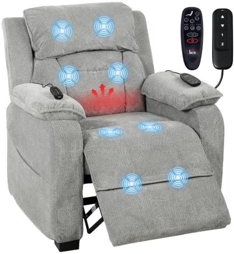 HOMCOM Power Recliner Armchair Massage Heat High Back Chair Light Grey | Velvet-Feel Fabric, Quiet Electric Reclining, Wide Spring Seat, Memory Function, Headrest, USB Port, Side Pockets
