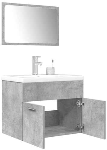 Traylux 3-delat badrumsmöbelset betonggrå trämaterial med tvättställ, spegel och högskåp för effektiv förvaringsutrymme, väggmontering, modern design, hållbar och lätt att rengöra