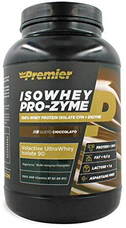 Premier Integratori Isowhey Pro-zyme | proteine del siero di latte isolate Volactive® Ultrawhey Isolate 90 | fonte proteica maggiore del 90% | Senza aspartame (Cioccolato, 900 gr)
