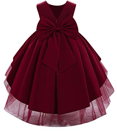 IBAKOM Bébé Filles Petits Enfants élégant sans Manches col en V Bowknot Satin Formelle fête Mariage Demoiselle d'honneur Communion baptême Princesse Robe de Bal Bordeaux 18-24 Mois