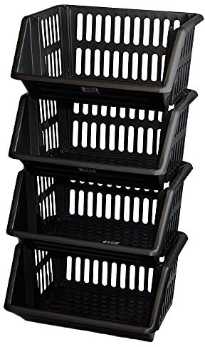 Large 4 Tier Stacking Baskets Storage Veg Rack Plastic Stackers, Black, Length 35.5 cm x Depth 30 cm x Height 17.5 cm (Black)