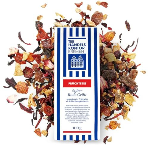 Hochwertiger, aromatisierter Früchtetee mit Walderdbeer - Erdbeer Geschmack lose | Sylter Rode Grütt | Rote Grütze Tee lose | 100 g loser Tee | TEE HANDELSKONTOR BREMEN