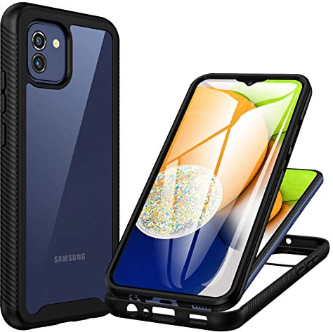 CENHUFO Funda Samsung A03, Carcasa Antigolpes 360 Grados con Protector de Pantalla Integrado, Robusta Doble Cara Bumper Case Transparente Anti-Amarilleo Capa Funda para Samsung Galaxy A03 - Negro