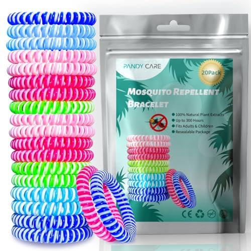 Mosquito Repellent Bracelet 20 Pack, PandyCare Insect, Midge & Mosquito Bands Wristbands for Adults, Kids & Baby - 2 Coils in 1, Waterproof, 100% Natural Plant Essential Oil, Deet Free with 300 Hours