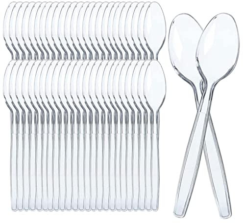 Cuillères réutilisables en plastique transparent, Couverts en plastique à haute résistance, réutilisables pour les activités d'anniversaire, les barbecues 100 pièces
