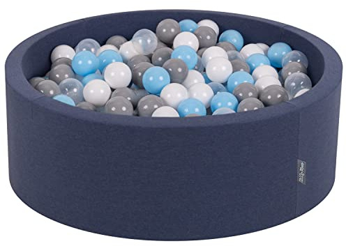 KiddyMoon 90X30cm/300 Balls ∅ 7Cm / 2.75In Baby Foam Ball Pit Made In EU, D.Blue:Grey/White/Transparent/Babyblue