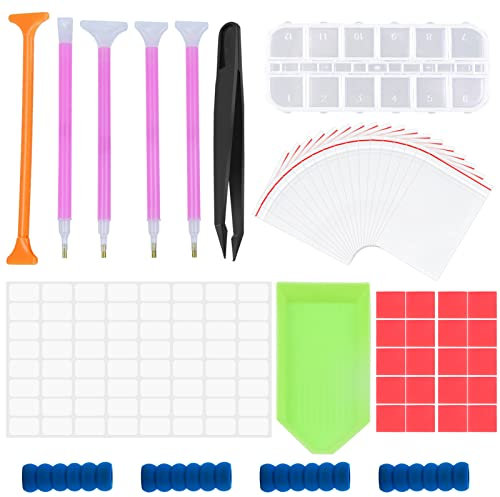 53tlg Diamond Painting Zubehör Set Diamant Malerei Werkzeuge Kit 5D Diamant Stifte Zubehör Werkzeug Kunststoff Diamond Malstift mit Box Pinzette Klebeton Polybeutel für Kunst DIY Diamantmalerei Nagel