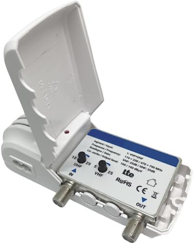 Patabit Amplificador de Antena de TV Interior | Repetidor de Señal Digital Terrestre | Potenciador Con Filtro LTE VHF25dB/UHF25dB (Amplificador Interior Lite)