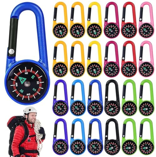 24 mini bussola con moschettone, portachiavi per bambini, con moschettone, per viaggi, escursioni, campeggio