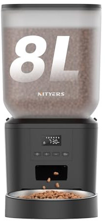 Distributore Automatico Cibo Gatti e Cani, 8L Dispenser Crocchette Gatto, Fino a 50 Porzioni e 6 Pasti al Giorno, Ciotola Grande in Acciaio Inox, Alimentazione Duale