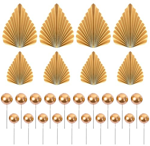 SYEYCW 48 Pièces Or Décoration de Gâteau, 8 Pièces Décorations de Gâteau Feuilles de Palmier, 40 Pièces Balle Gâteau Topper, DIY d'Insert Decoration Gateau, pour Mariage, Anniversaire Fête
