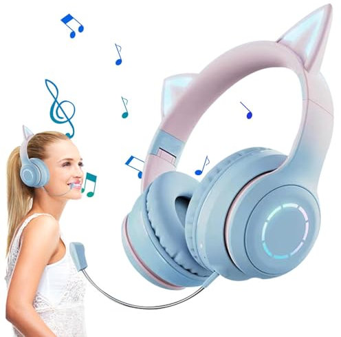 Générique Wireless Cat Ear Headphones | Girls Headphones | Cute Cat Ear Headset | RGB Lighting Foldable Headset with Mic and Volume Control | Stereo Sound Over-Ear Headphones for Girls