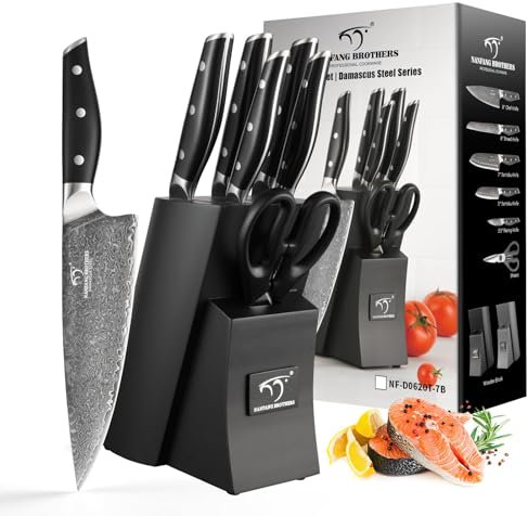 NANFANG BROTHERS Juego de Cuchillos Negros con Soporte, Cuchillos de Cocina de Acero Damasco Estilo Japonés, Set de 7 Cuchillos de Acero Inoxidable.
