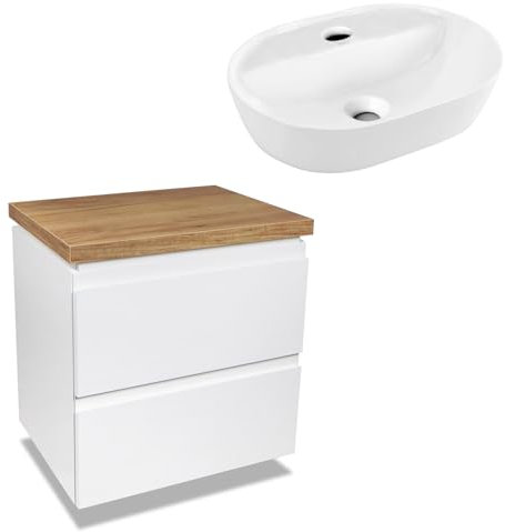 VBChome Badmöbel 50 cm Weiß Aufsatzwaschbecken mit Hahnloch 42x30 cm Aufsatzwaschtisch mit Waschbeckenunterschrank 2 Schubladen Badezimmerschrank Soft Close System Wandregal Modern