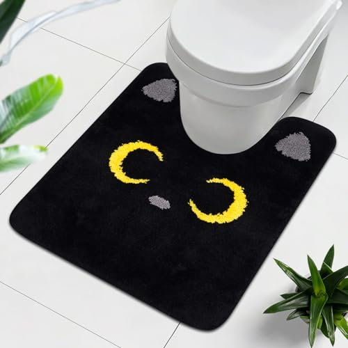 Yamepuia Wc Vorleger Mit Ausschnitt,Schwarze Katze Badteppich rutschfest Waschbar,Weich und SaugfäHig Badematte Wc Teppich füR Freistehende Toiletten,Geschenke für Mama,Schwarz- 62x52cm