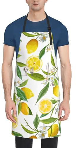 ZHAOLQ Tablier de cuisine imprimé citrons tropicaux frais avec 2 poches pour la cuisine, la peinture, le jardinage, le toilettage, noir, taille unique, Noir/blanc, taille unique