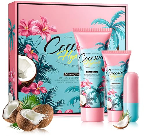Coconut Oil Skin Care Set, Body Care set, Womens Gift Sets con Coconut Body Lotion, Hand Cream, Lip Balms, Pamper Sets for Women Gifts, Deep Moisturizing, 3 in 1 Care (3PCS)