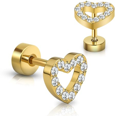 XUU Titanium Flat Back Stud Earrings, 20G 8mm Post Screw Back, Heart CZ Crystal, Hypoallergenic Tragus, Helix, Cartilage Jewelry For Women, Pair (Gold/Heart)