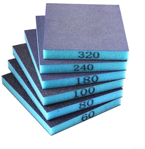 Lot de 6 éponges de ponçage 118 x 98 x 12 mm, grains assortis 60 à 320, blocs abrasifs en mousse flexible humide/sèche pour polissage du bois, du métal, du plastique et des cloisons sèches