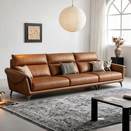 Italiensk modern minimalistisk brun lädersoffa, massiv träram, rymlig och mjuk soffa, modern stor storlek, lämplig för vardagsrum/kontor/lägenhet/hotell.