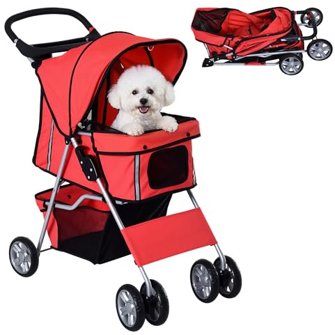 PawHut Pet Stroller for Small Miniature Dogs Cats Foldable Travel Carriage with Wheels Zipper Entry Cup Holder Storage Basket Red