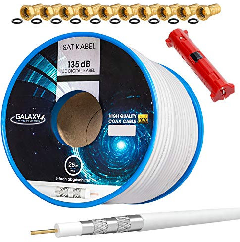 HB-Digital Set 25m de câble coaxial SAT 135db Blanc + 10x F-Plug plaqué or + 1x Wire Stripper | CCS Câble d'antenne satellite en cuivre 5 fois blindé pour les systèmes radio DVB-S/S2 -C/C2 -T/T2 DAB+.