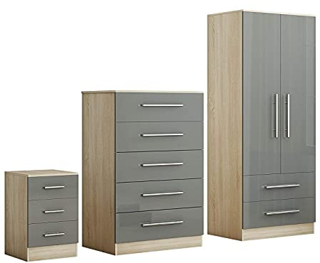Unique Furnishings High Gloss Grey 3 Piece Bedroom Furniture Set, 2 Door Wardrobe, Chest of Drawers & Bedside Table, Modern Bedroom Storage Furniture