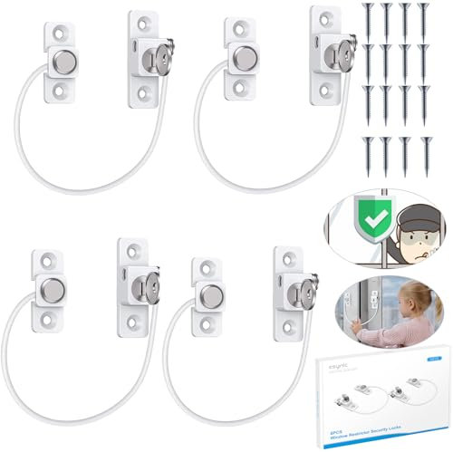 eSynic 4Pack Durable Window Locks Child Safety 185mm/7.3 Inch Wire Long Window Restrictor for UPVC Window Security Locks with Key Relieable Window Safety Restrictor Perfect for Home Office Safety etc