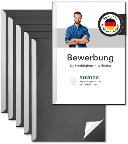 STRATAG Klemmschienen-Bewerbungsset Start Basic (Schwarz, 5 Stück) mit transparentem Deckel aus PP Kunststoff sowie Binderücken aus robustem 290 g/m² Karton Lederstruktur (5 Bewerbungsmappen Schwarz)