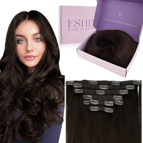 Fshine Echthaar Extensions Clip Dunkelbraun 45cm Doppelt Tressen Invisible Clip in Extensions Echthaar 120g 7 Stücke Echte Haare mit Clips für Komplette Kopf Farbe 2