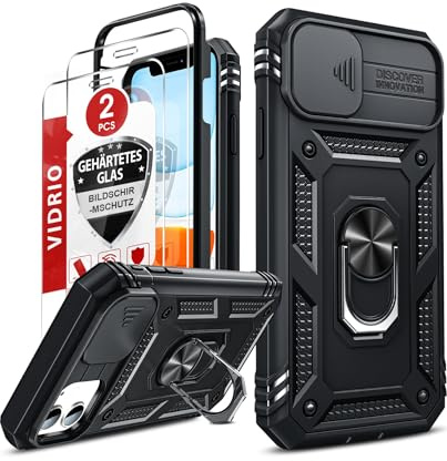 LeYi Cover per iPhone 11 con Vetro Temperato [2 Pack],Custodia con Protezione Fotocamera [Slidable] Antiurto Grado Militare 360°Magnetica Anello Supporto TPU Bumper Silicone Custodie Nero