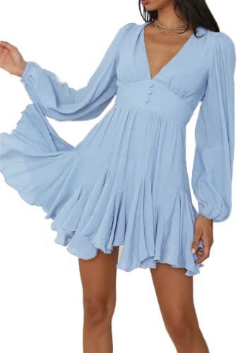 R.Vivimos Womens Casual Mini Dress Balloon Long Sleeve Deep V Neck Open Back A-Line Swing Short Dress (X-Large, Babyblue)