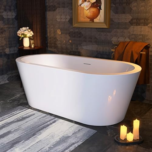 SYLONWILL 61 in. x 31 in.Classic Oval Acrylic Free Standing Tub, Heavy Duty Deep Soaking Tub, Bathroom Stand Alone Tub, Freestanding Bathtub SY1255 (Glossy White)
