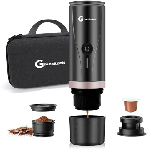 Glueckzeit Self-Heating Portable Electric Espresso Machine,Type-C Travel Coffee Machine for Car & Camping, Compatible With Ground Coffee & coffee capsules for Ideal for RV, Hiking, Office - Black