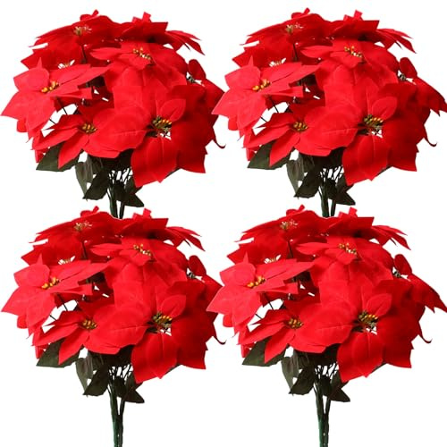 YXYQR 8pcs Artificial Red Christmas Poinsettia Flowers Stem Bouquets Outdoors with 40pcs 20cm Red Poinsettia Flowers Heads for Christmas Tree, Xmas Garland, Vase, Window Box, Front Porch