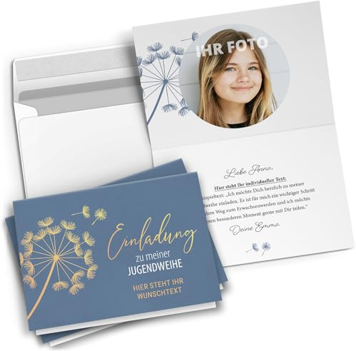 10 personalisierte Jugendweihe Einladungskarten mit eigenem Text und Foto - Pusteblume Mädchen und Jungen - Einladungen mit Umschlägen