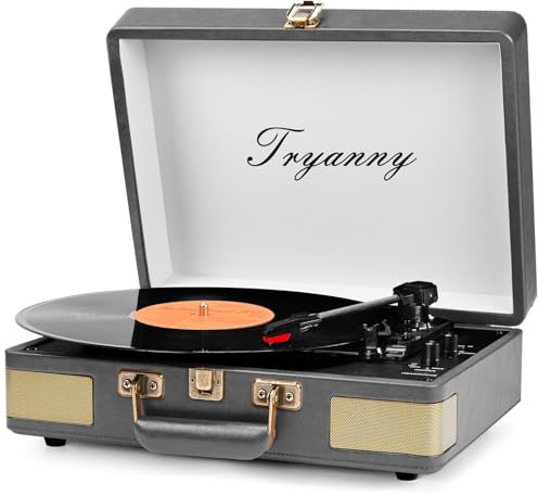 Tynnay Platine Vinyle 3 Vitesses Bluetooth Portable avec Haut-parleurs intégrés, Platine Vinyle, Son Audio amélioré, Cuir PU, Gris rétro