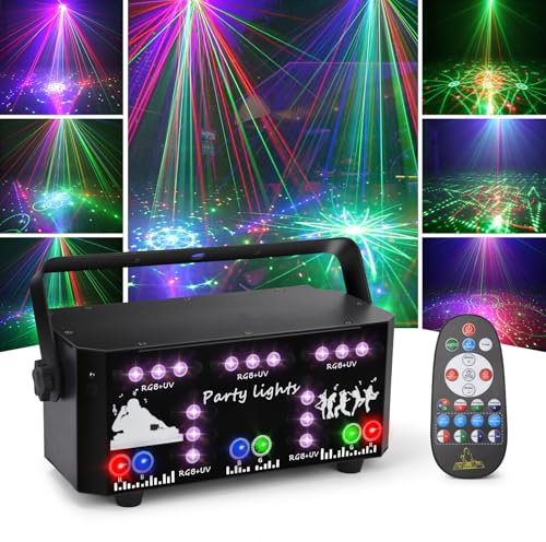 Fwiull Discolicht Partylicht mit Fernbedienung, DMX Musikgesteuert Disco Licht Party Lichter mit Stroboskop, DJ Projektor Lichter RGB LED Party Lampe für Halloween Weihnachten Klub