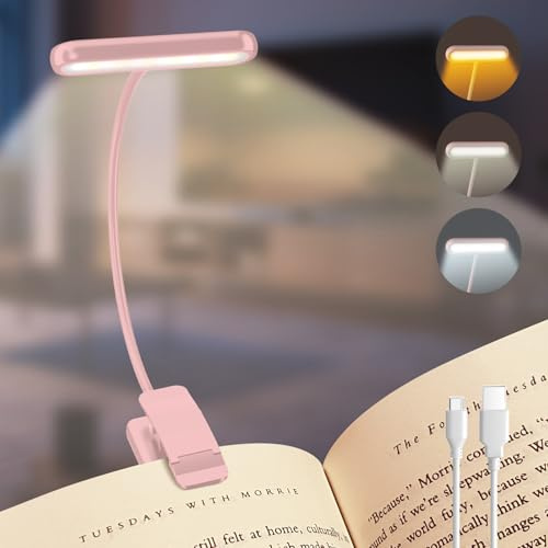 iFalarila Lámpara de lectura con pinza, cubierta de luz ancha, USB C recargable, 3 colores y 10 niveles de brillo regulable, cuello de cisne flexible