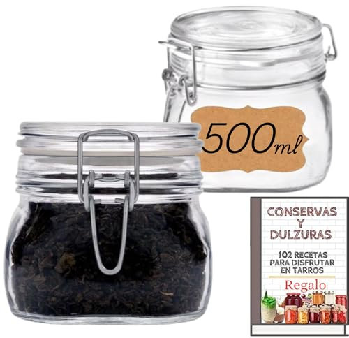 MundoTarros 6 Tarros de Cristal Herméticos 500 ml – Botes Herméticos de Medio Litro Almacenamiento para Alimentos, Conservación Fresca y Organizada - Cierre con juntas de Silicona- Incluye Etiquetas