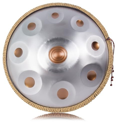 LOMUTY Handpan 432 HZ für Anfänger, Stahltrommel 9 Töne 19 Zoll, Hand Pan in D-Moll, Hand Drum mit Drumtasche und Handpan-Halter, Steel Drum für Sound Healing, Meditation, Yoga, Silber