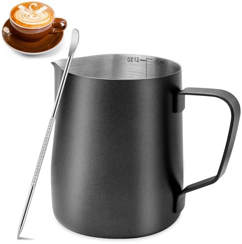 Milukon Milk Frothing Pitcher, 350ml Stainless Steel Milk Jug with Measurement Mark and Decorating Pen for Making Latte Art and Cappuccino Coffee, Black/12OZ