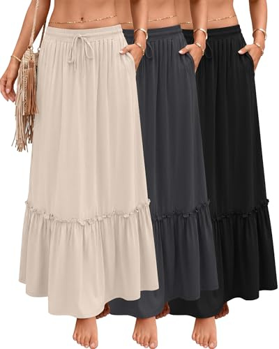 Ficerd Pack de 3 Faldas Maxi Boho para Mujer, Falda Larga de Capas con Volantes, Cintura Alta con Cordón, Vestido Casual con Bolsillos