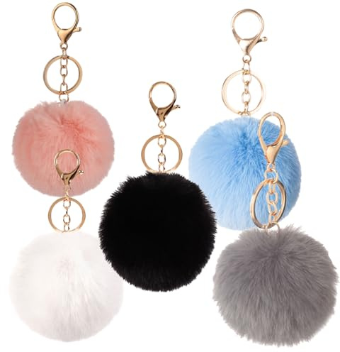 Blunivia 5 Pcs Pom Pom Keyrings – Fluffy Plush Keychain for Women Girls, Cute Soft Faux Fur Key Ring for Bags Purses Keys, Colorful Keychain Accessories Gift Set
