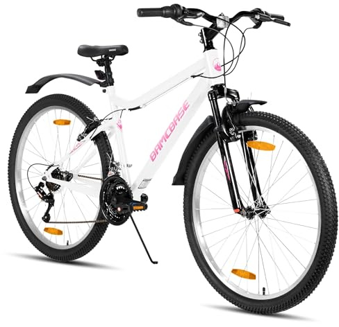 Hiland Bicicleta de Montaña Mujer 26, 18 Velocidades, Resistente, Cuadro de Acero al Carbono, Ciudad y Ocio, Frenos en V, Confortable - Color: Blanco
