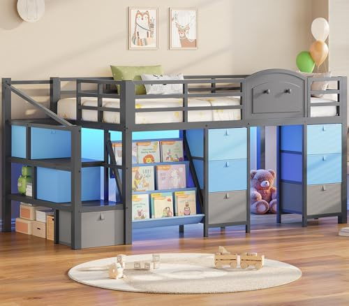 VIAGDO Low Loft Bed Twin Size with 9 Storage Drawers, Bookcase and LED Lights, Metal Kids Loft Bed with Wide Staircase, Open Shelves and Safety Guardrail, Twin Loft Bed with Under-Bed Playhouse, Grey