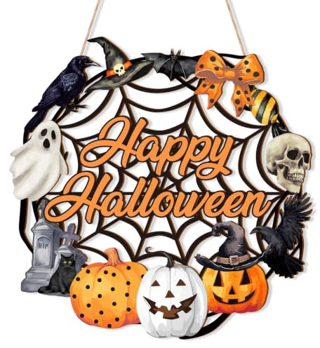 Halloween Decorations, Happy Halloween Door Wreath Sign for Outdoor Decor | 11 In Wooden Halloween Wreath for Front Door, Black Cat Pumpkin Ghost Sign for Wall Door Decorations